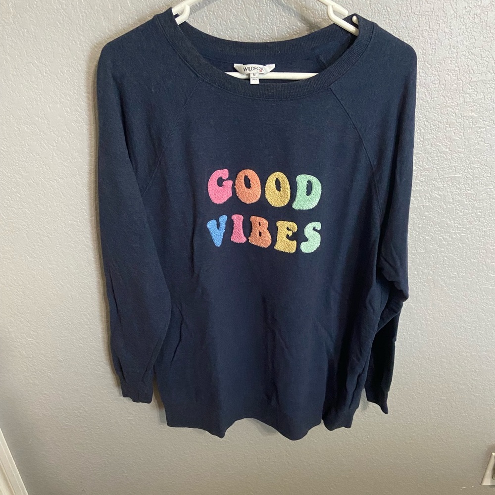 Wildfox Navy Sweater with Multicolor 'Good Vibes'